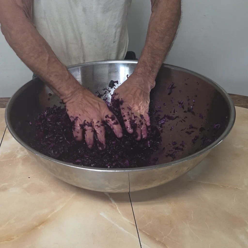 Crushing the cabbage to extract the juice