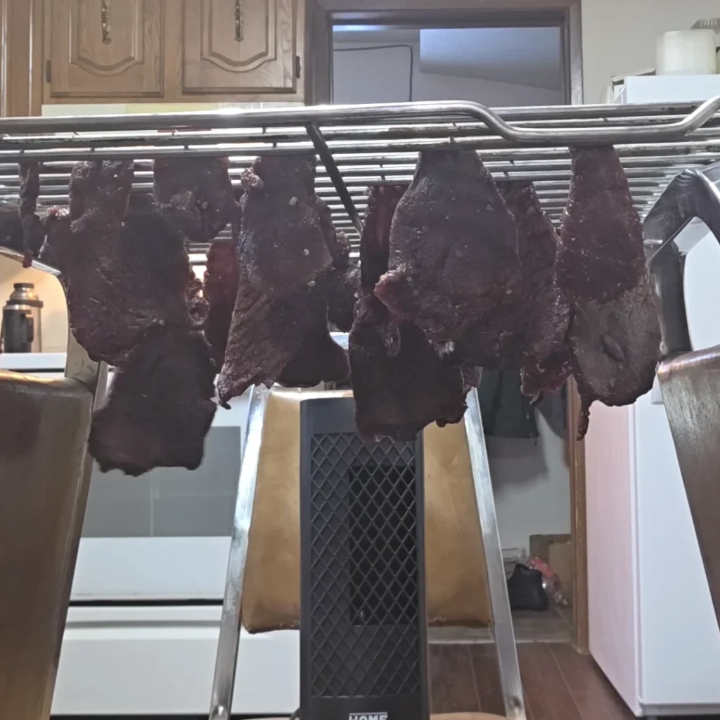 Jerky hanging in front of a fan